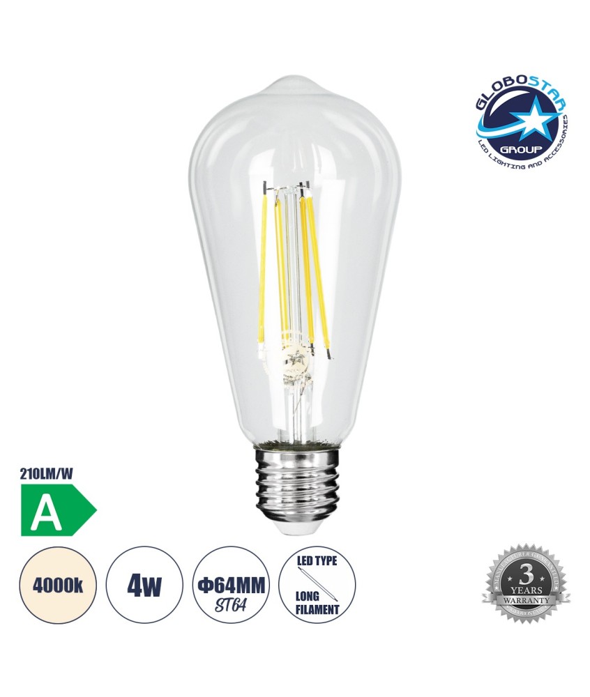 GLOBOSTAR® PEAR 99094 Λάμπα E27 ST64 LED 4W 840lm 360° AC 220-240V IP20 Φυσικό Λευκό 4500K - Long Filament Chip - Διάφανο - Μ6.4 x Π6.4 x Υ14.5cm - 3 Χρόνια Εγγύηση